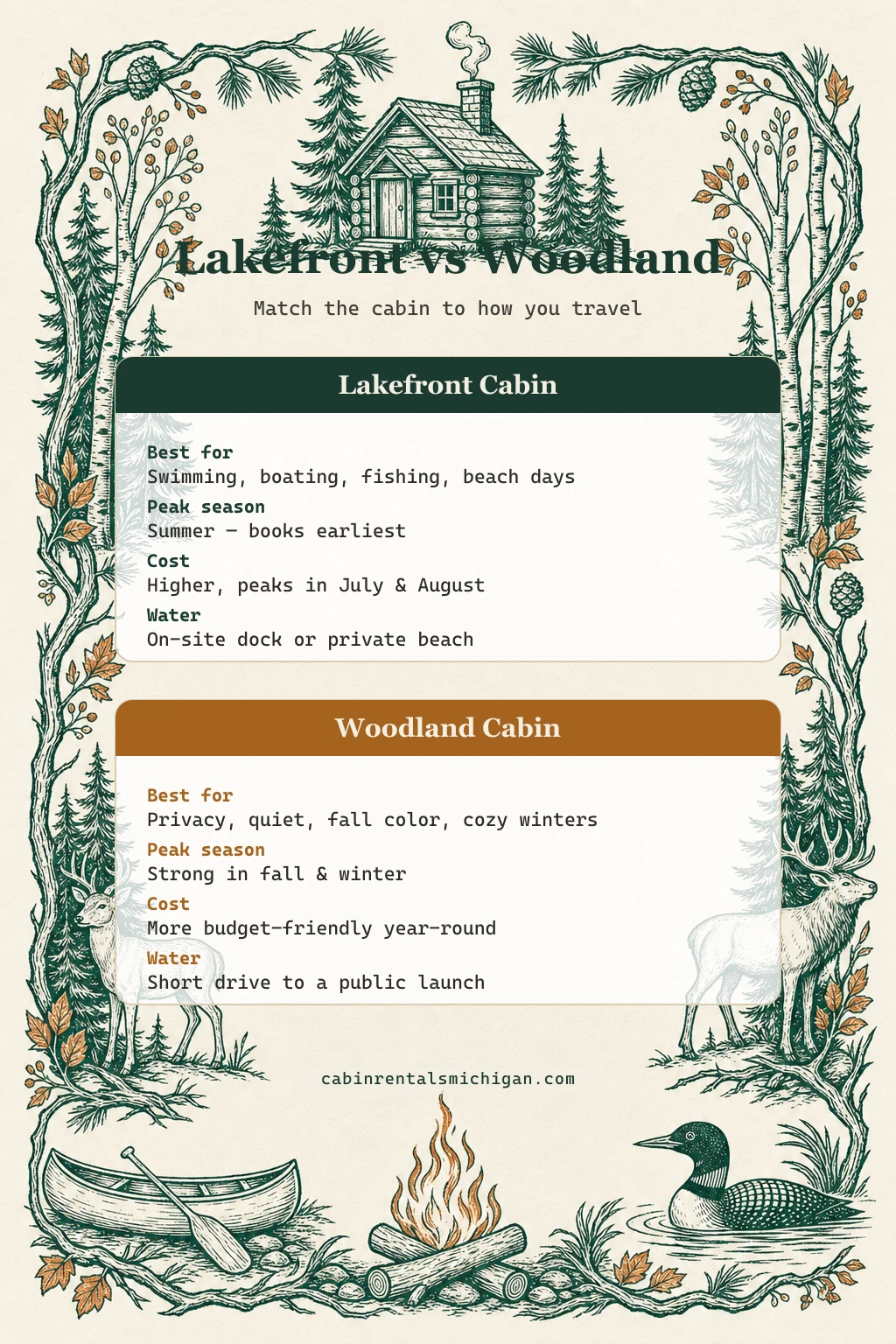 Illustrated woodcut guide comparing lakefront and woodland cabin rentals in Northern Michigan