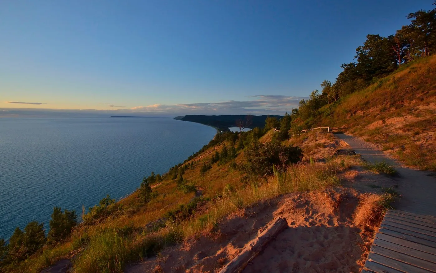 View of Lake Michigan from the Empire Bluff overlook at sunset