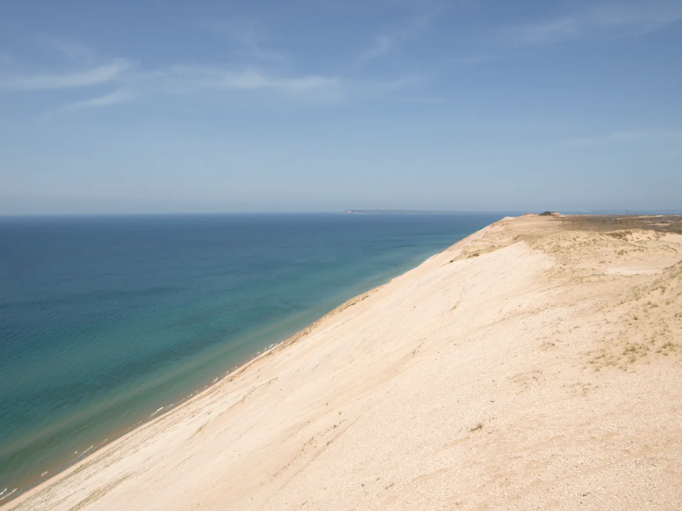 The Lake Michigan Overlook on the Pierce Stocking Scenic Drive, sand bluff dropping to blue water
